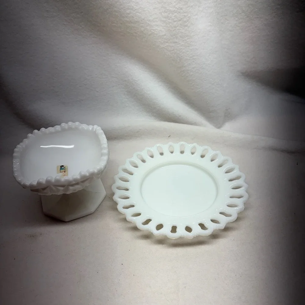 Vintage Milk Glass‎ Pedestal Candy Dish Lace Edge Plate Set